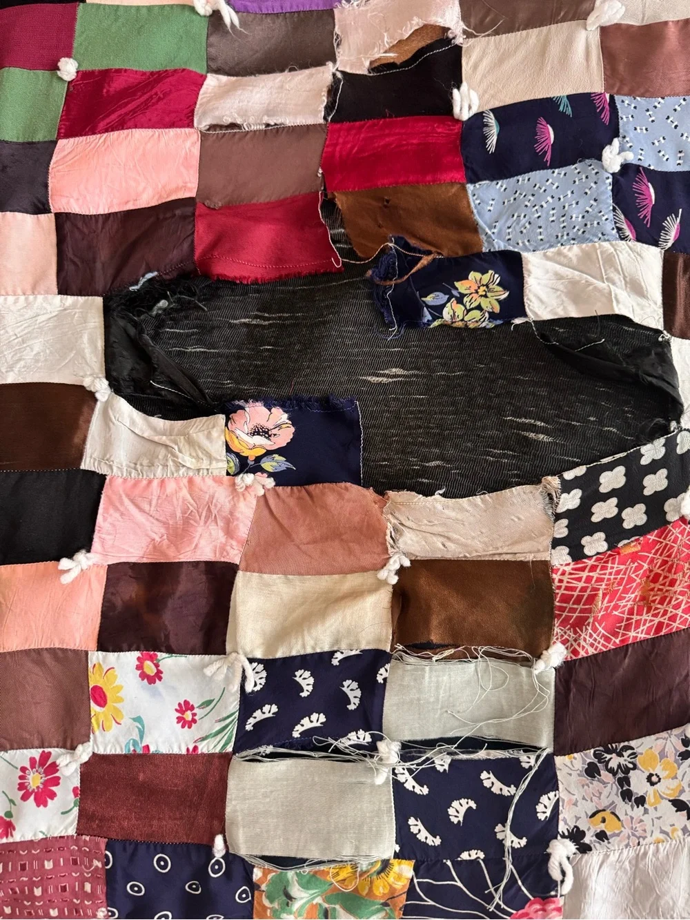 Vintage Heirloom Patchwork Quilt 75x70 Mixed Fabric Boho Cutter Quilt AS IS